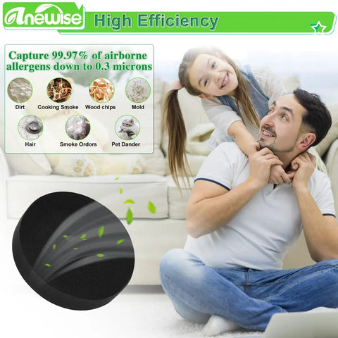 Image showing family on sofa with visible air filtration capturing allergens, featuring 'Anewise High Efficiency' text.
