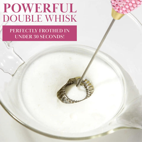 Electric Rhinestone Handheld Milk Frother With Double Coil Whisk And Gold Stand Pink Battery Powered Portable Frother For Lattes Cappuccinos And More Fast Foaming In Under 30 Seconds Requires 2 AA Batteries Not Included creating foam in a clear jug