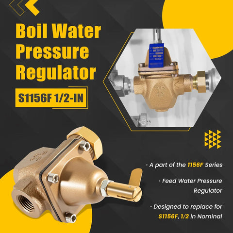 Brass 1/2-inch water pressure regulator with blue adjustment knob; Watts S1156F replacement, two-angle views.