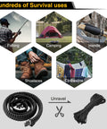 Image showing survival uses of a paracord, including fishing, camping, handle wrapping, shoelaces, clothesline.
