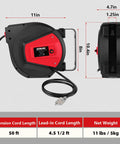Retractable Extension Cord Reel 50 Feet 14 AWG 3 Conductor Power Cord For Garage And Workshop Wall Or Ceiling Mount