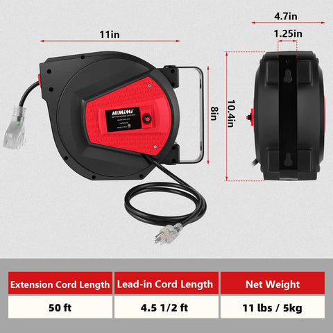 Retractable Extension Cord Reel 50 Feet 14 AWG 3 Conductor Power Cord For Garage And Workshop Wall Or Ceiling Mount