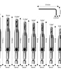 Set of Self Centering Hinge Tapper Core Drill Bit Set For Woodworking And Doors Adjustable Door And Window Bits With Hex Key And Eight Replacement Bits 16 Pieces From Five Sixty Fourths To One Quarter Inch, showing all sizes and hex key.