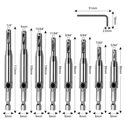 Set of Self Centering Hinge Tapper Core Drill Bit Set For Woodworking And Doors Adjustable Door And Window Bits With Hex Key And Eight Replacement Bits 16 Pieces From Five Sixty Fourths To One Quarter Inch, showing all sizes and hex key.