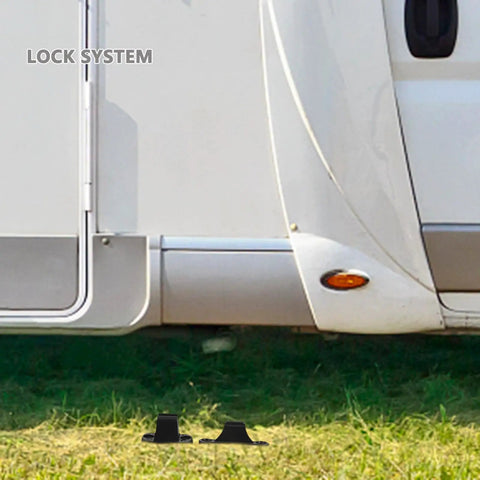 Tough Black Nylon RV Door Catch Retainer Hook Replacement For Your Motorhome Or Camper That Slams Shut With A Loud Thud And Keeps The Entry Secure While You Hit The Road displayed next to a motorhome.