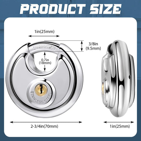 Diagram showing dimensions of 16 Pack Keyed Alike Disc Pad Locks Stainless Steel 2-3/4 Wide 3/8 Shackle Built Tough Outdoor Lock