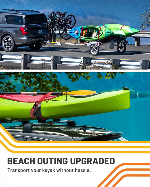 Kayak secured with Retractable Ratchet Straps 1 Inch By 12 Feet Heavy Duty Tie Downs With 1800 Lbs Breaking Strength Each S Hooks