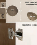 Tough As Nails Silver Cabinet Door Hinges For Standard Or Open Side Cabinets, installation process with dimensions shown.