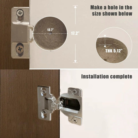 Tough As Nails Silver Cabinet Door Hinges For Standard Or Open Side Cabinets, installation process with dimensions shown.