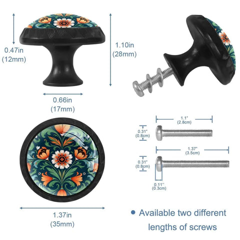 Norwegian Rosemaling Green Flower Cabinet Knobs Set Round Drawer Pulls with screws, durable ABS and crystal glass hardware