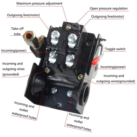 Heavy Duty Air Compressor Pressure Switch Replacement LF10 4H 135-175 PSI 20A Rating Universal Pump Control Valve with labels