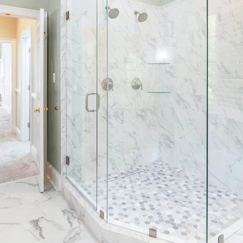 Modern bathroom with 24 Inch Linear Shower Drain With Removable Square Hole Panel In Brushed 304 Stainless Steel installed