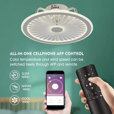 Flush Mount Ceiling Fan With Remote And Dimmable LED Light 19In 6 Speeds with mobile app and remote control visible