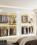 Heavy Duty 100 Inch Wood Closet System With 8 Hanging Rods, Adjustable Walk In Wardrobe Organizer, Space Saving Modular Closet Tower Set Of 4 White, Easy Peasy Assembly No Sweat Setup in modern bedroom.