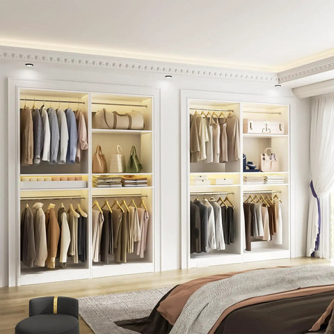 Heavy Duty 100 Inch Wood Closet System With 8 Hanging Rods, Adjustable Walk In Wardrobe Organizer, Space Saving Modular Closet Tower Set Of 4 White, Easy Peasy Assembly No Sweat Setup in modern bedroom.