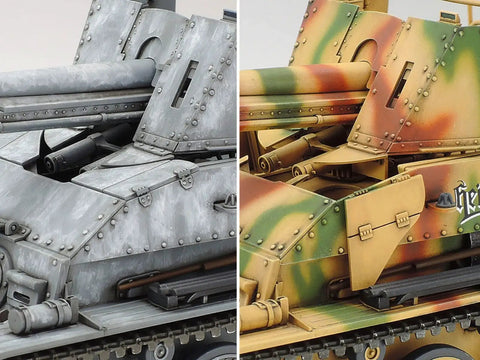 Close-up of Marder III German Tank Destroyer Model Kit One Thirty Fifth Scale Plastic Assembly showing different paint schemes