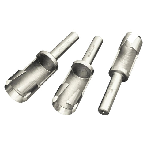 Heavy Duty Forstner Bit Set Six Piece Woodworking Plug Cutters High Speed Carbon Steel Drill Press And Cordless Ready showing close-up of three bits.