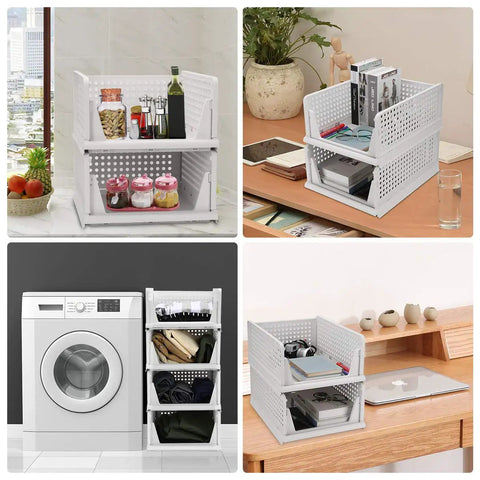 Four Pack Stackable Closet Organizers Bins For Kitchen Cabinets Pantry Office Bedroom Bathroom No Tool Needed White Durable Plastic Collapsible Drawer Baskets