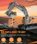 Rugged 3-In-1 RC Excavator Toy For Kids Ages 3-12 lifting rocks, showcasing 680-degree arm rotation and durable ABS plastic construction.