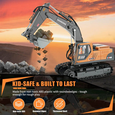 Rugged 3-In-1 RC Excavator Toy For Kids Ages 3-12 lifting rocks, showcasing 680-degree arm rotation and durable ABS plastic construction.