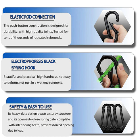 20 Pack Heavy Duty Carabiner Clips 1.57 Inch Snap Hooks Quick Link Buckles For Fishing Camping Hammocks Dog Leashes 110 Lb Capacity Black Perfect For Gear Organization And Rugged Outdoor Adventures shown in use with elastic rod, black spring hook, and safety features.