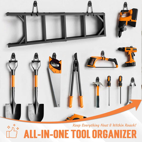 20 Pack Heavy Duty Garage Hooks Set With 7 Sizes And 2 Extension Cord Organizer Straps For Wall Mounted Hanging Bike Ladder Garden Tools Hoses And Ropes Black Finish displayed in use.