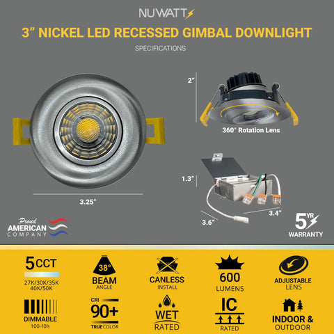 3 Inch LED Gimbal Recessed Downlight Canless 4 Pack With 5 CCT Color Switch 2700K To 5000K 8W 600 Lumens Dimmable 120V Brushed Nickel