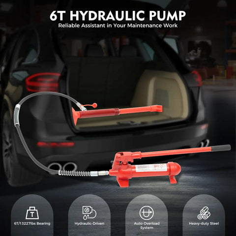 6 Ton Hydraulic Jack Kit With Four Extension Tubes And Auto Overload System For Auto Body Frame Repair Car Frame Structural Tool Set Heavy Duty Portable Power Lift For Pros red hydraulic pump with hose and steel ram for car frame repair