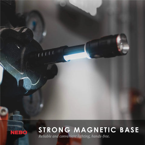 Rechargeable 500 Lumen LED Work Light And Flashlight with magnetic base attached to metal surface