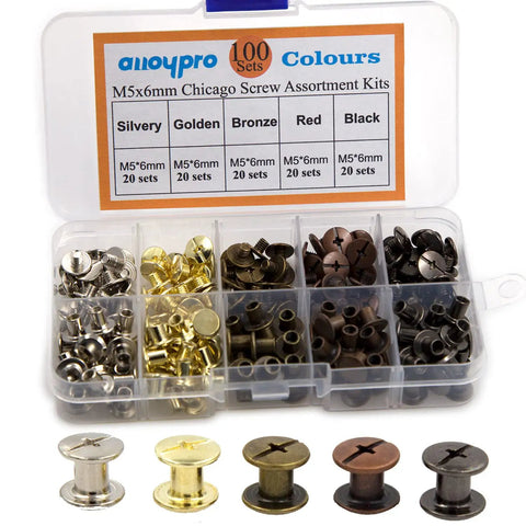 100 Sets Assorted Chicago Screws Kit For DIY Leather Craft In 5 Colors Black Silver Gold Bronze Red Copper