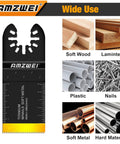 AMZWEI 28pc titanium oscillating saw blade set; black blade with AMZWEI logo, shown with wood, plastic and metal use categories