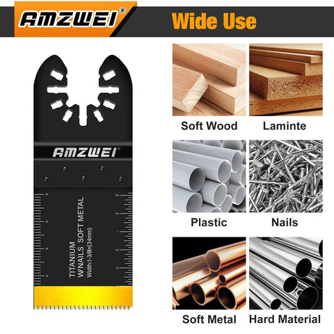 AMZWEI 28pc titanium oscillating saw blade set; black blade with AMZWEI logo, shown with wood, plastic and metal use categories