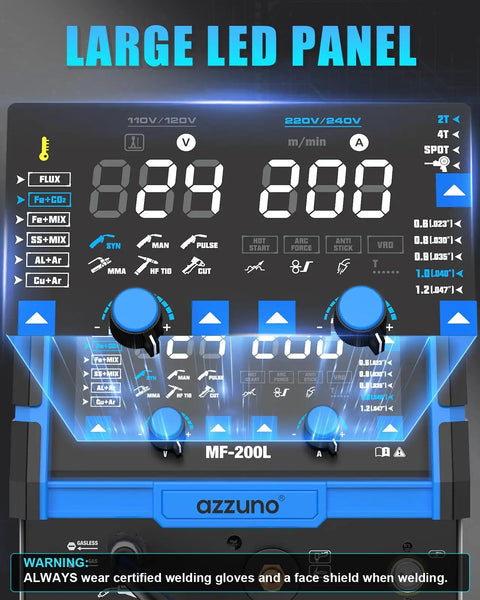Control panel of Beast 200A Plasma Cutter And Welder Combo With Nine In One Multiprocess Capabilities, displaying settings and knobs.