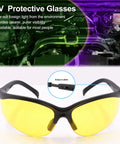 Protective UV safety glasses with yellow lenses and black frame, front view.