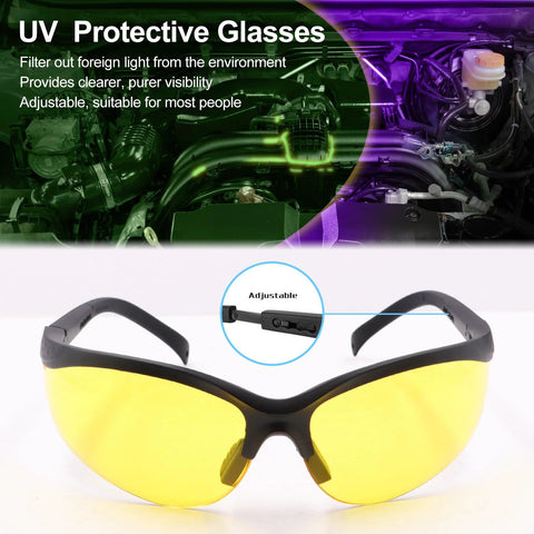 Protective UV safety glasses with yellow lenses and black frame, front view.