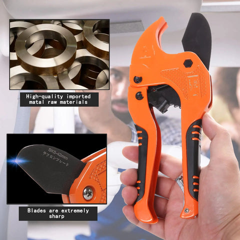 Ratcheting Pipe Cutter for PVC PEX and PPR Tubing, One Hand Operation, Fast Clean Cuts With Ratchet Drive, Cuts Up To One And A Quarter Inch Outer Diameter, Easy to Use Hose and Tube Cutter