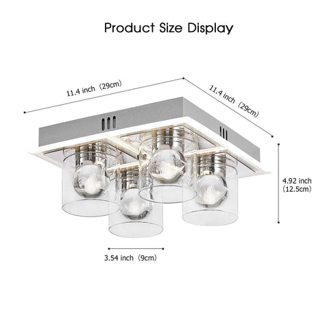 Flush Mount Crystal Ceiling Light With 4 LED Bulbs Brushed Nickel Finish Clear Glass Shade product size dimensions display