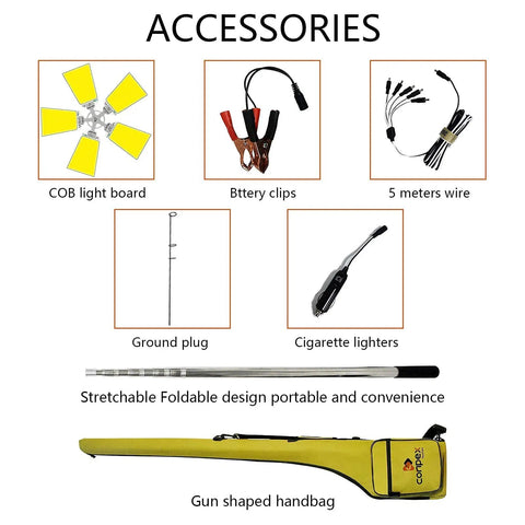 Accessories for Beastly Bright 25000 Lumen LED Telescoping Camping Light with 5 COB Panels, including clips and wire.