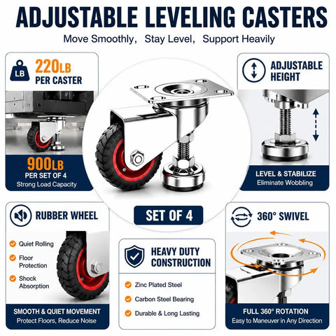 Heavy Duty 3 Inch Leveling Caster Wheels Set Of 4 Rated For 1600 Lbs with adjustable height and rubber wheels for smooth movement.