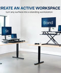 Height Adjustable 32 Inch Desk Converter With Sit To Stand Quick Elevation Tabletop Dual Monitor Riser For Home Office Ergonomic Workstation Black Go To Setup For Small Home Offices on desks showing sitting and standing positions.