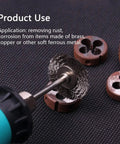 Close-up of 20 Pack Mini 1 Inch Wire Wheel Brushes with 1/8 Inch Round Shanks For Drill Attachments on black surface