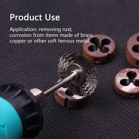 Close-up of 20 Pack Mini 1 Inch Wire Wheel Brushes with 1/8 Inch Round Shanks For Drill Attachments on black surface