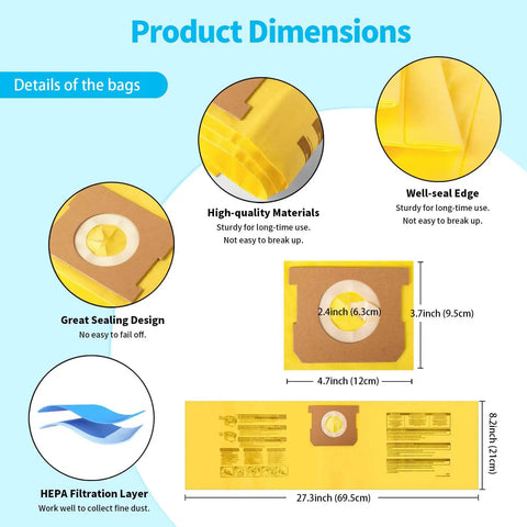 Infographic showing dimensions and features of 10 Pack High Efficiency Dust Collection Bags Type H For 5 To 8 Gallon Vacuums 90671