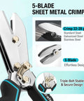 5-Blade Sheet Metal Crimper for Ductwork and HVAC with ergonomic TPR grip handles and deep 1.7-inch throat for 22-28 gauge steel