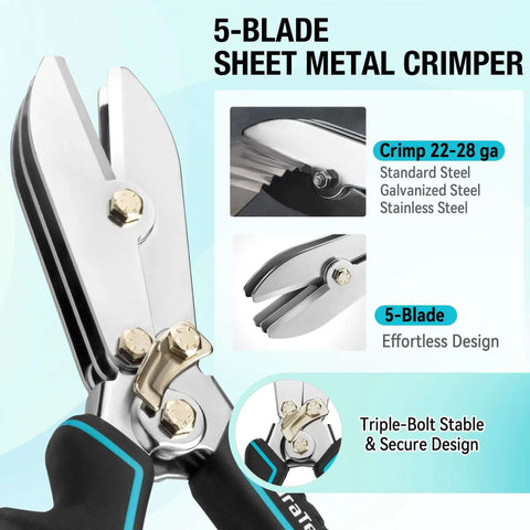 5-Blade Sheet Metal Crimper for Ductwork and HVAC with ergonomic TPR grip handles and deep 1.7-inch throat for 22-28 gauge steel