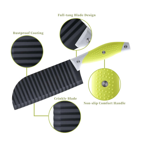 VRUIFA crinkle fry cutter with lime-green non-slip handle, front view.