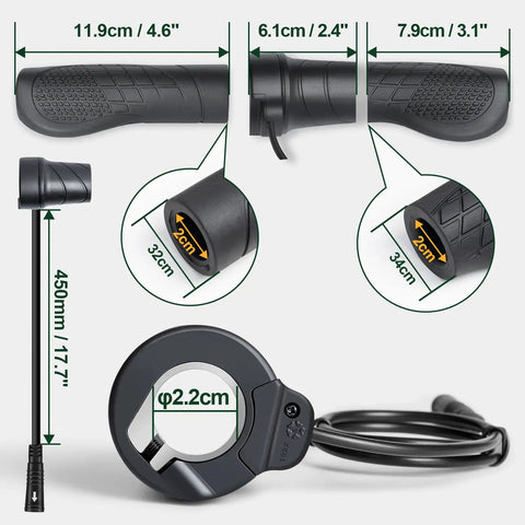 3 Pin Female Ebike Half Twist Throttle For Bafang BBS01B BBS02B BBSHD Mid Motors Waterproof Speed Handlebar DIY Friendly Replacement Part For Ebike Conversion Kit Accessories displayed with measurements