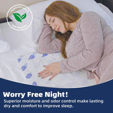 Hella Massive Disposable Incontinence Bed Pads 57X36 Inch Heavy Duty on bed with woman sleeping, designed for comfort and moisture control.