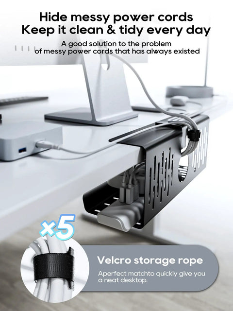 No Drill Under Desk Cable Management Tray With Clamp On Design, organizing cables under a desk, black metal holder with velcro straps