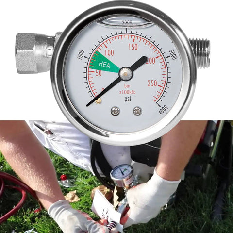 Airless Spray Pressure Gauge Kit 0 To 4000 PSI With Pro Grade Stainless Steel Liquid Filled Gauge and technician using sprayer